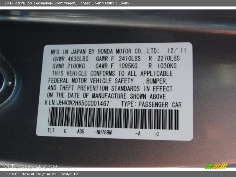 2012 TSX Technology Sport Wagon Forged Silver Metallic Color Code NH789M