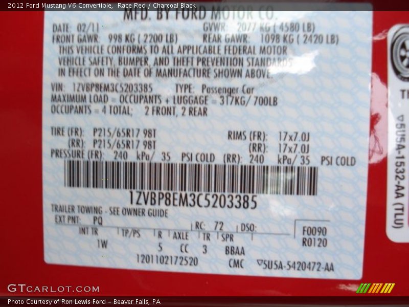 2012 Mustang V6 Convertible Race Red Color Code PQ