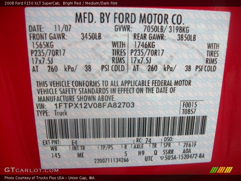 Bright Red / Medium/Dark Flint 2008 Ford F150 XLT SuperCab