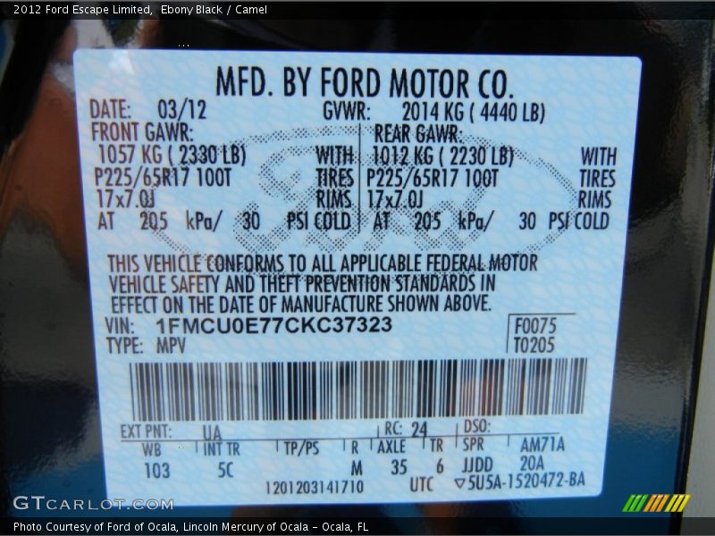 Ebony Black / Camel 2012 Ford Escape Limited