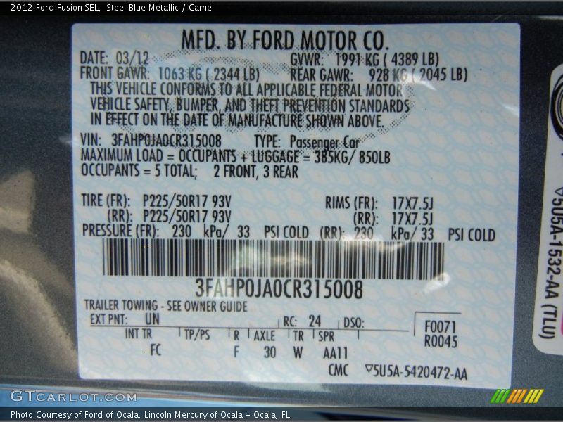 Steel Blue Metallic / Camel 2012 Ford Fusion SEL