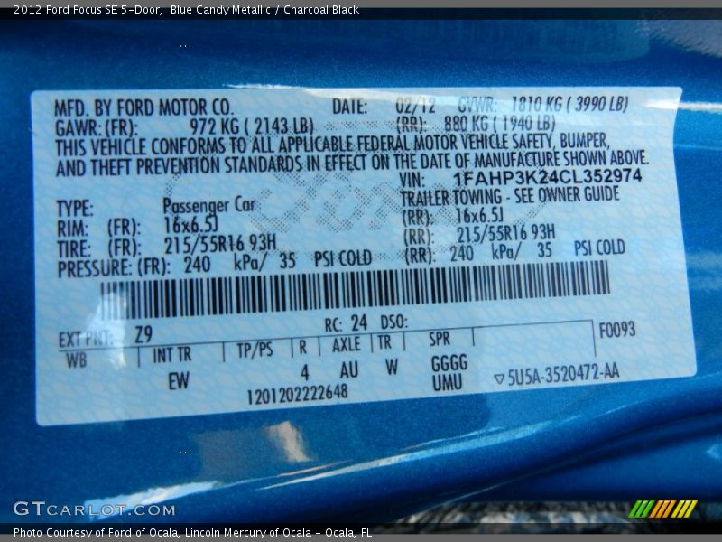 2012 Focus SE 5-Door Blue Candy Metallic Color Code Z9