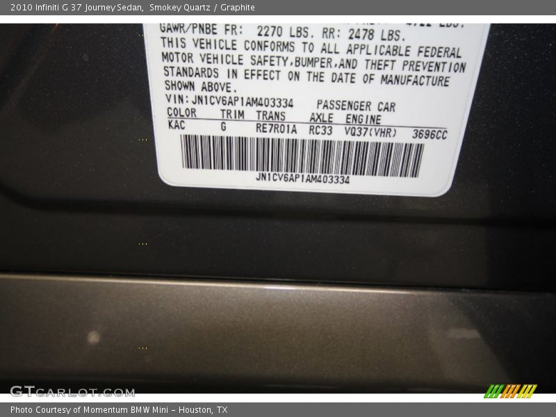 2010 G 37 Journey Sedan Smokey Quartz Color Code KAC
