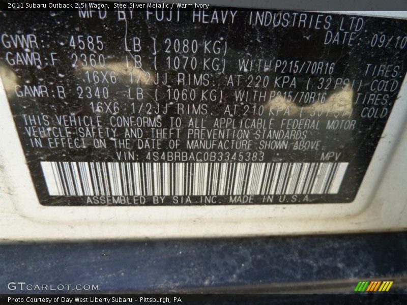 Steel Silver Metallic / Warm Ivory 2011 Subaru Outback 2.5i Wagon
