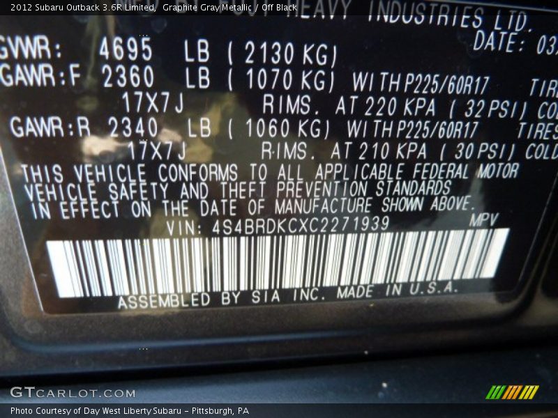 Graphite Gray Metallic / Off Black 2012 Subaru Outback 3.6R Limited