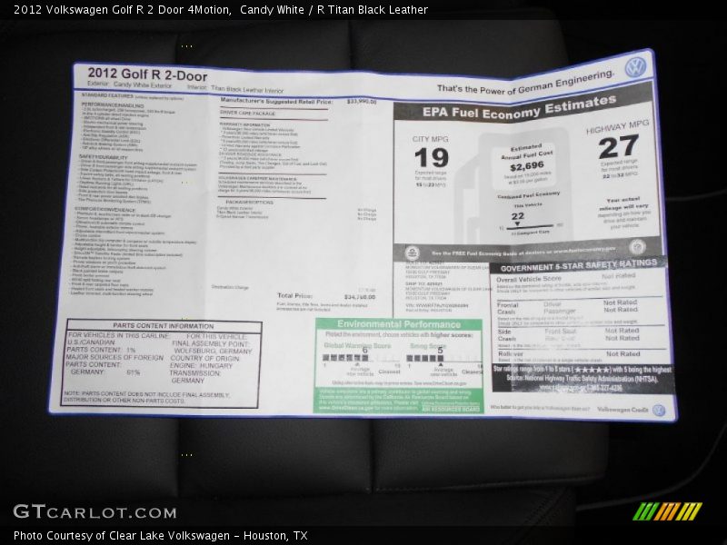  2012 Golf R 2 Door 4Motion Window Sticker