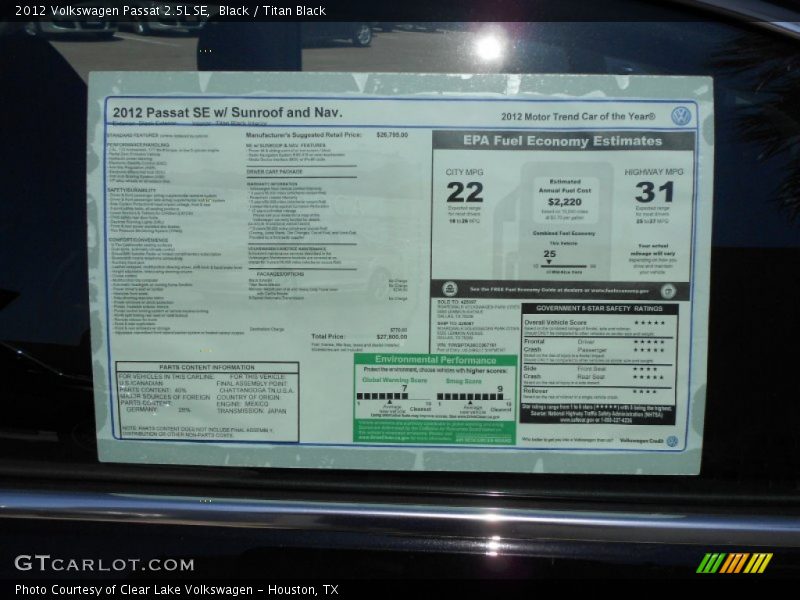 Black / Titan Black 2012 Volkswagen Passat 2.5L SE