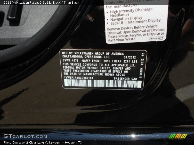 Black / Titan Black 2012 Volkswagen Passat 2.5L SE
