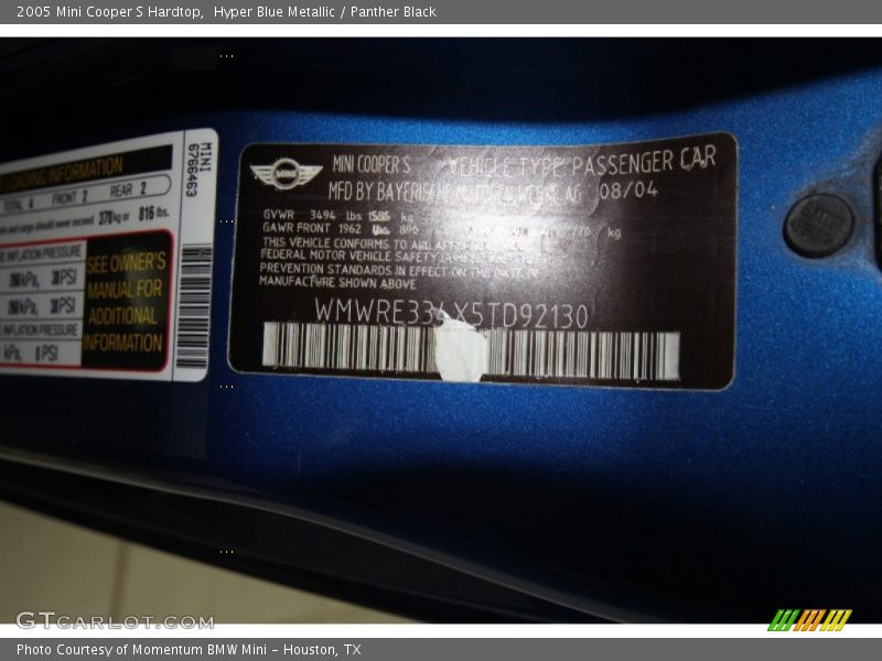 Hyper Blue Metallic / Panther Black 2005 Mini Cooper S Hardtop