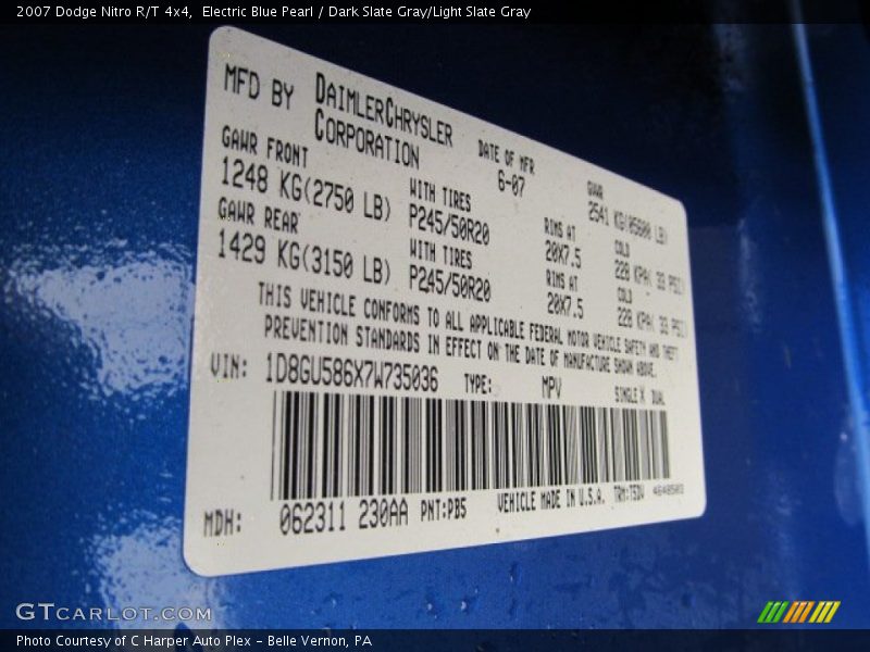 2007 Nitro R/T 4x4 Electric Blue Pearl Color Code PB5