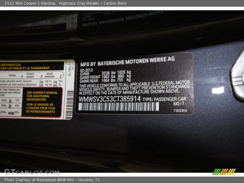 2012 Cooper S Hardtop Highclass Gray Metallic Color Code B43