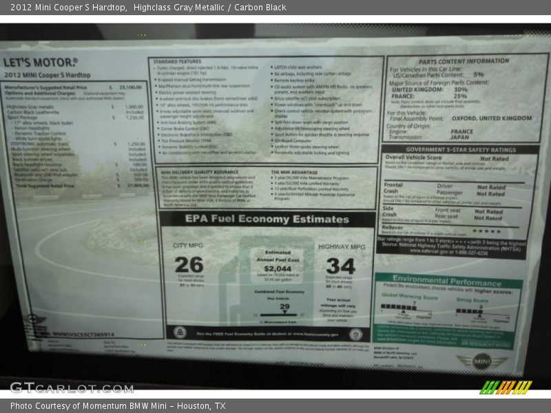  2012 Cooper S Hardtop Window Sticker