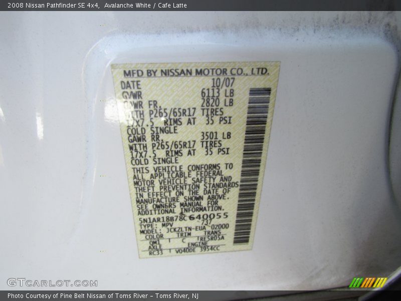 Avalanche White / Cafe Latte 2008 Nissan Pathfinder SE 4x4