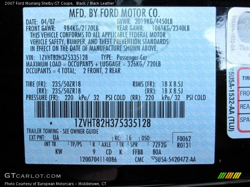 2007 Mustang Shelby GT Coupe Black Color Code UA