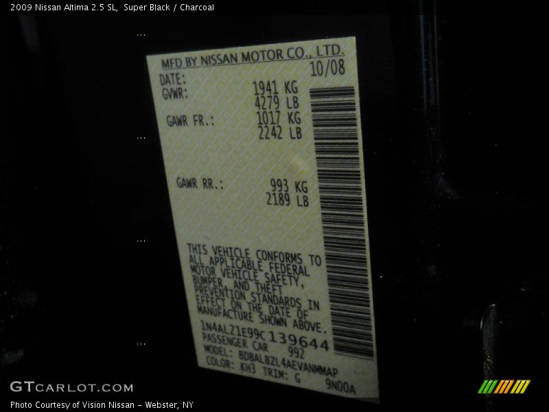 Super Black / Charcoal 2009 Nissan Altima 2.5 SL