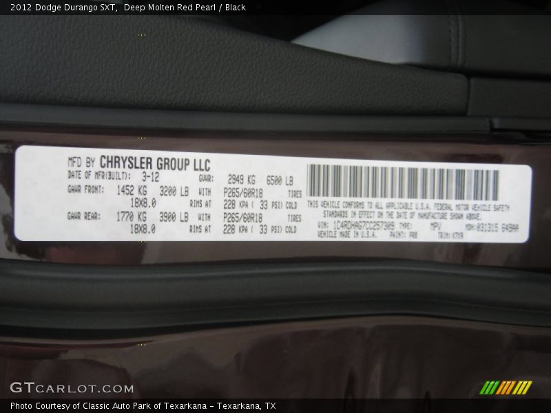 Deep Molten Red Pearl / Black 2012 Dodge Durango SXT