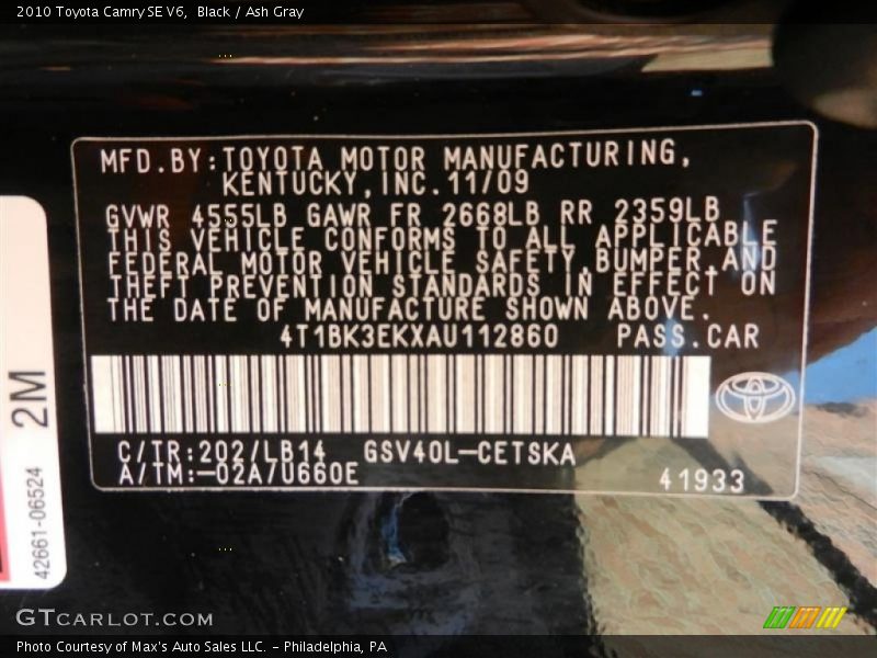 Black / Ash Gray 2010 Toyota Camry SE V6