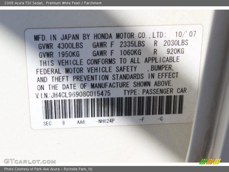 2008 TSX Sedan Premium White Pearl Color Code NH624P