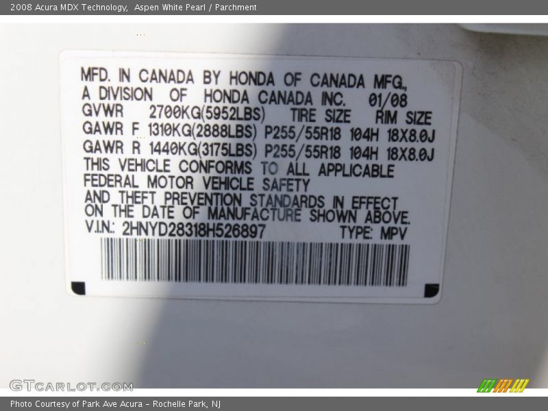 Aspen White Pearl / Parchment 2008 Acura MDX Technology