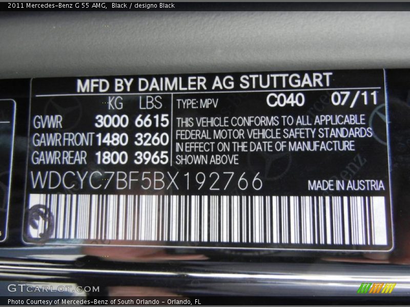 2011 G 55 AMG Black Color Code 040