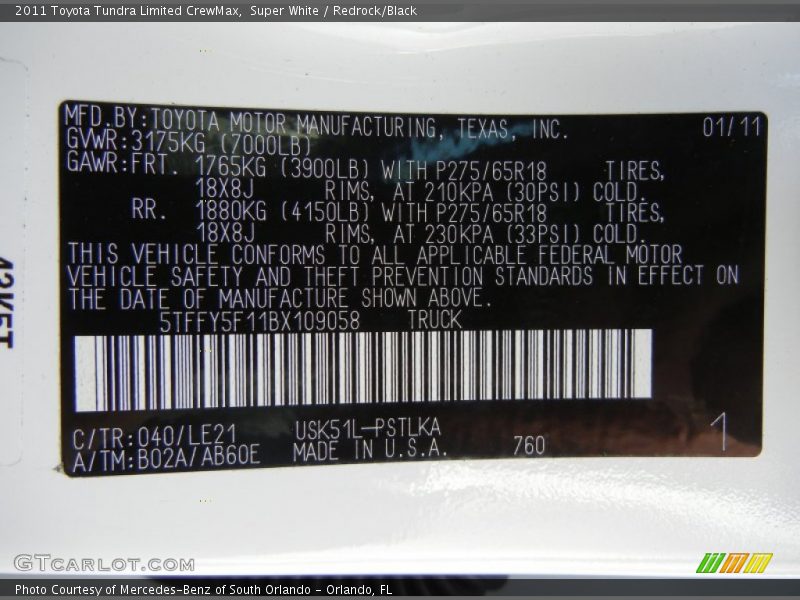 2011 Tundra Limited CrewMax Super White Color Code 040