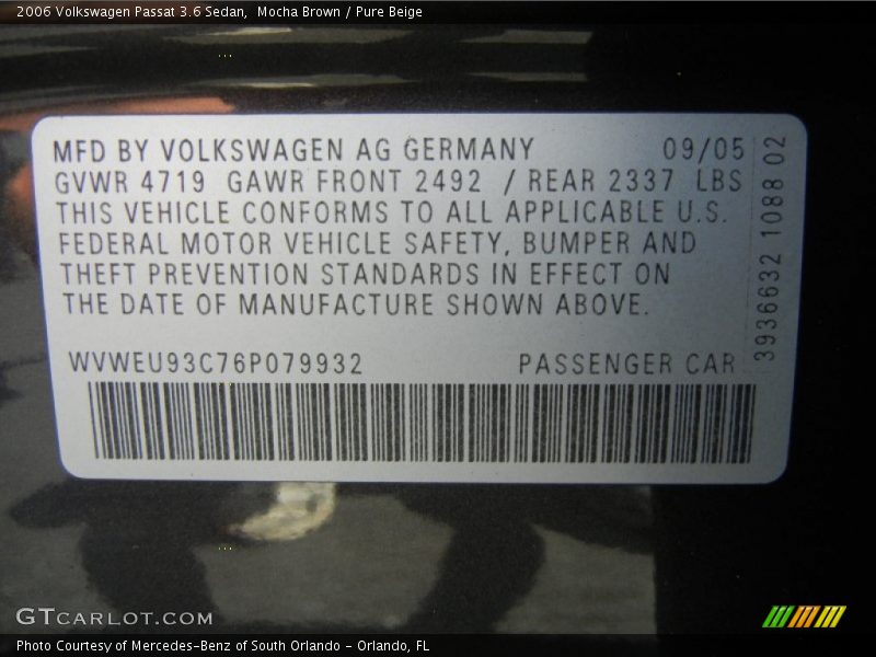 Mocha Brown / Pure Beige 2006 Volkswagen Passat 3.6 Sedan
