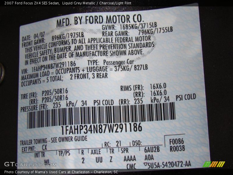 2007 Focus ZX4 SES Sedan Liquid Grey Metallic Color Code CX