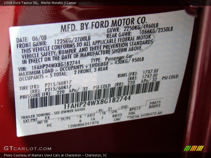 2008 Taurus SEL Merlot Metallic Color Code FX