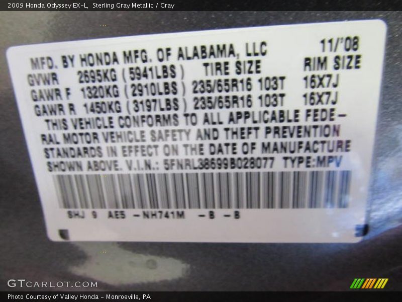 Sterling Gray Metallic / Gray 2009 Honda Odyssey EX-L