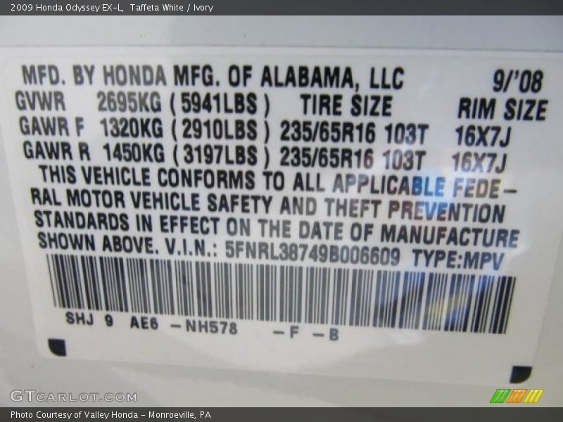 Taffeta White / Ivory 2009 Honda Odyssey EX-L