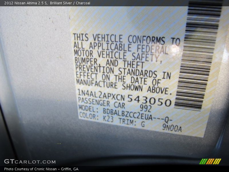 Brilliant Silver / Charcoal 2012 Nissan Altima 2.5 S