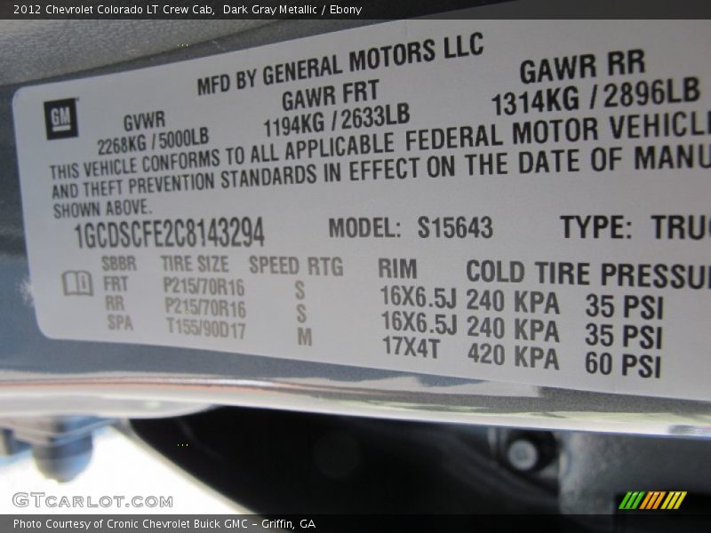 Dark Gray Metallic / Ebony 2012 Chevrolet Colorado LT Crew Cab