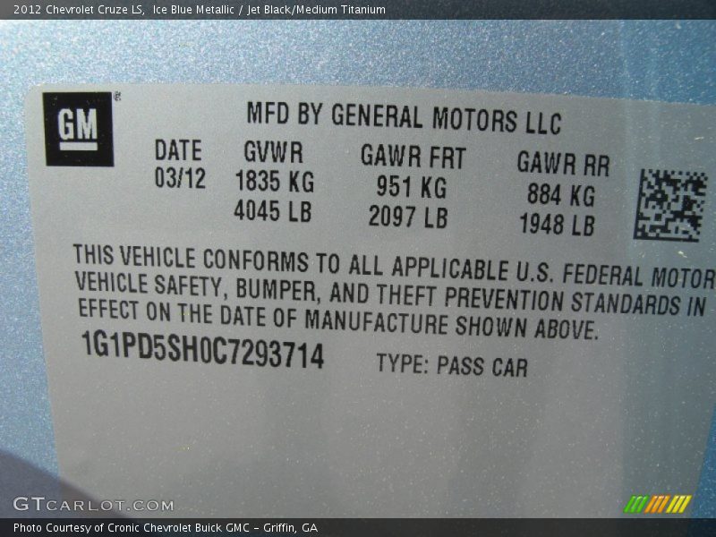 Ice Blue Metallic / Jet Black/Medium Titanium 2012 Chevrolet Cruze LS