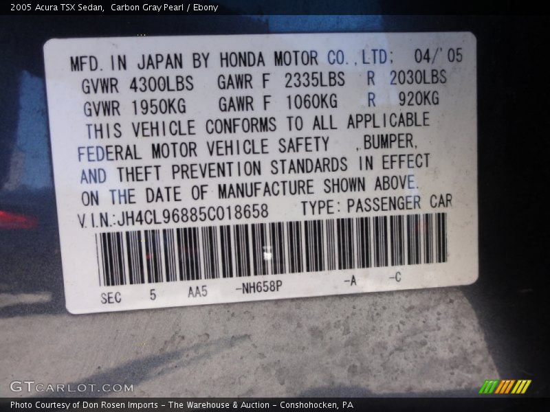 2005 TSX Sedan Carbon Gray Pearl Color Code NH658P