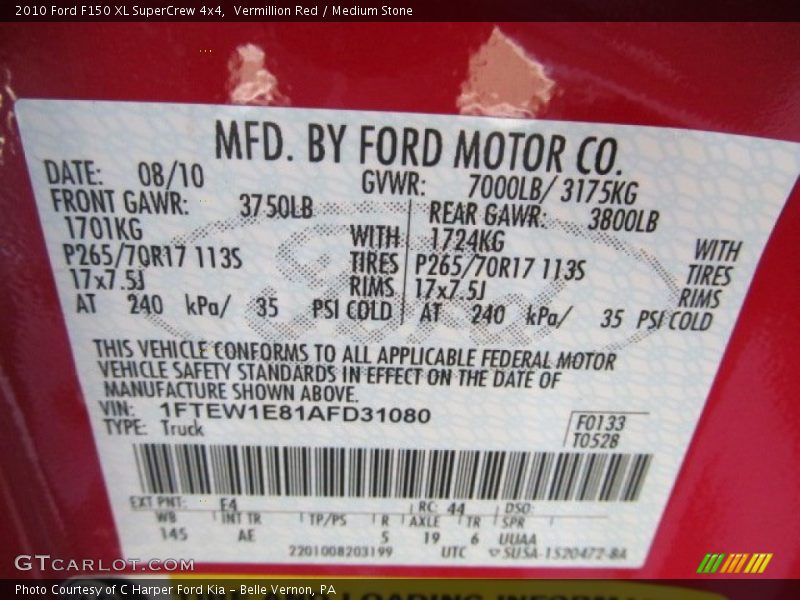 2010 F150 XL SuperCrew 4x4 Vermillion Red Color Code E4