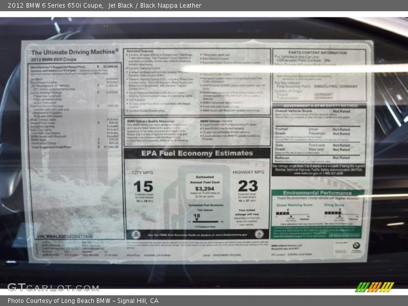 Jet Black / Black Nappa Leather 2012 BMW 6 Series 650i Coupe