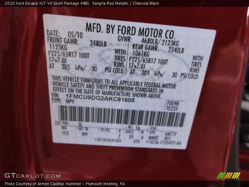 2010 Escape XLT V6 Sport Package 4WD Sangria Red Metallic Color Code JV