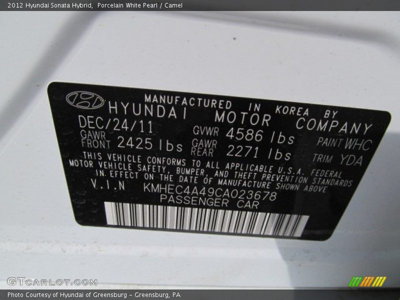 2012 Sonata Hybrid Porcelain White Pearl Color Code WHC