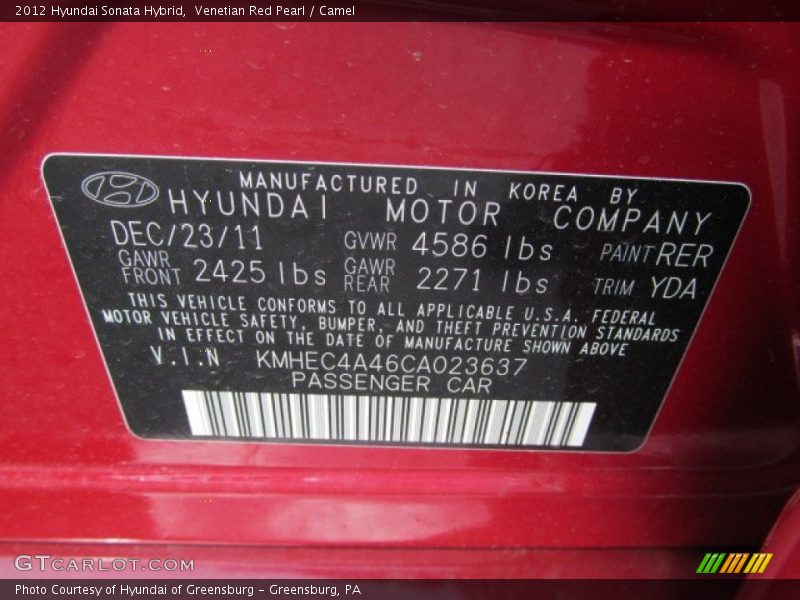 2012 Sonata Hybrid Venetian Red Pearl Color Code RER