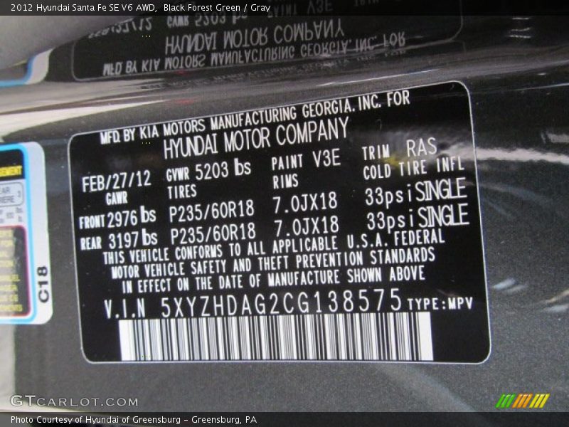 Black Forest Green / Gray 2012 Hyundai Santa Fe SE V6 AWD