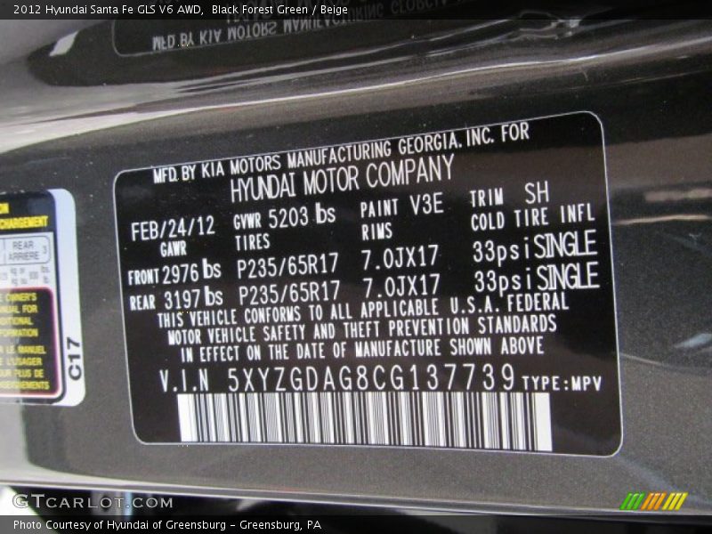 2012 Santa Fe GLS V6 AWD Black Forest Green Color Code V3E