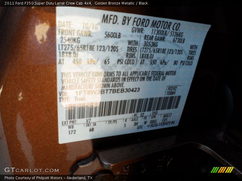 2011 F350 Super Duty Lariat Crew Cab 4x4 Golden Bronze Metallic Color Code V7