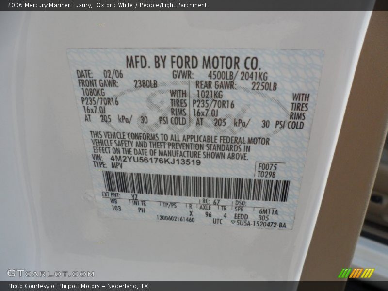 2006 Mariner Luxury Oxford White Color Code YZ
