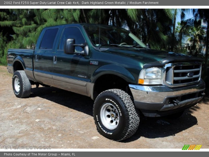 Dark Highland Green Metallic / Medium Parchment 2002 Ford F250 Super Duty Lariat Crew Cab 4x4