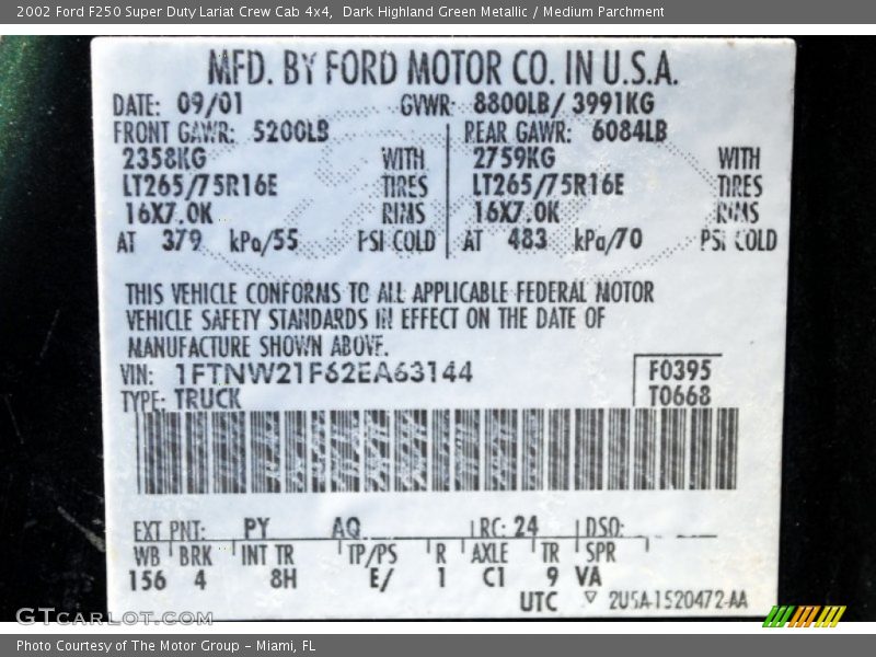 2002 F250 Super Duty Lariat Crew Cab 4x4 Dark Highland Green Metallic Color Code PY