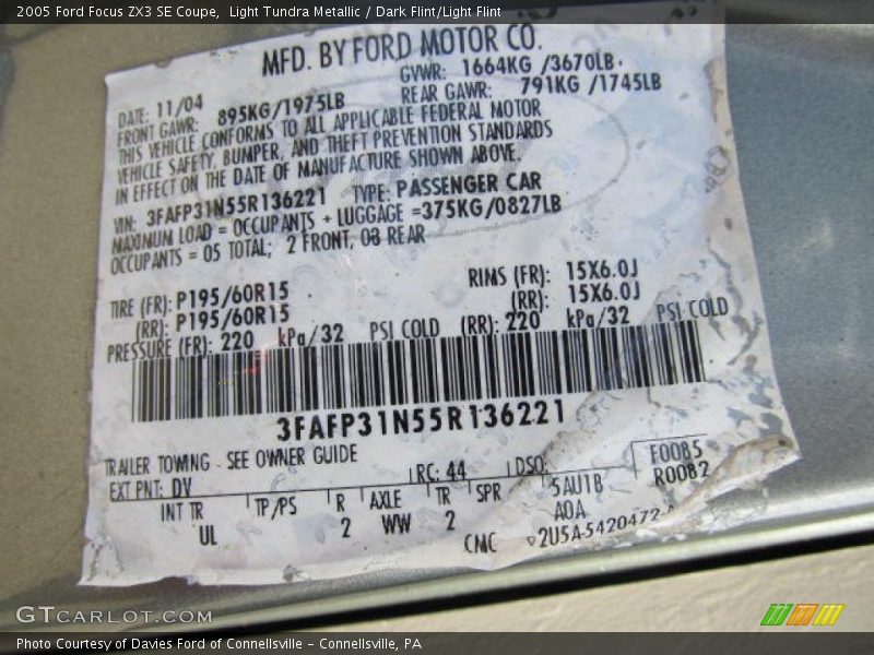 2005 Focus ZX3 SE Coupe Light Tundra Metallic Color Code DV