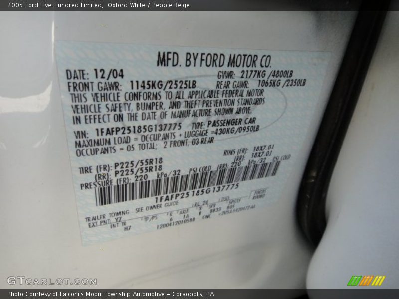 2005 Five Hundred Limited Oxford White Color Code YZ