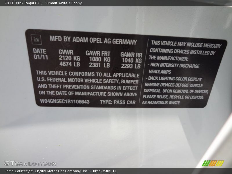 Summit White / Ebony 2011 Buick Regal CXL