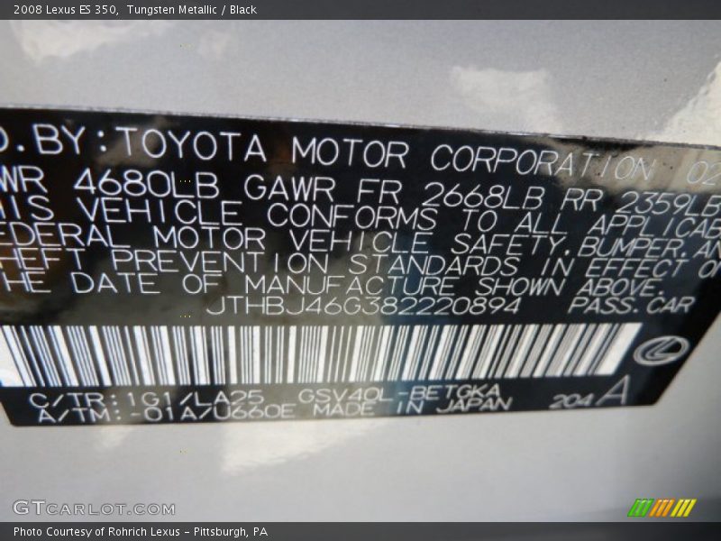 2008 ES 350 Tungsten Metallic Color Code 1G1