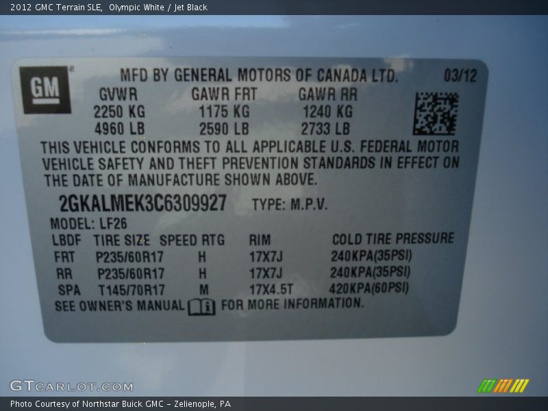 Olympic White / Jet Black 2012 GMC Terrain SLE
